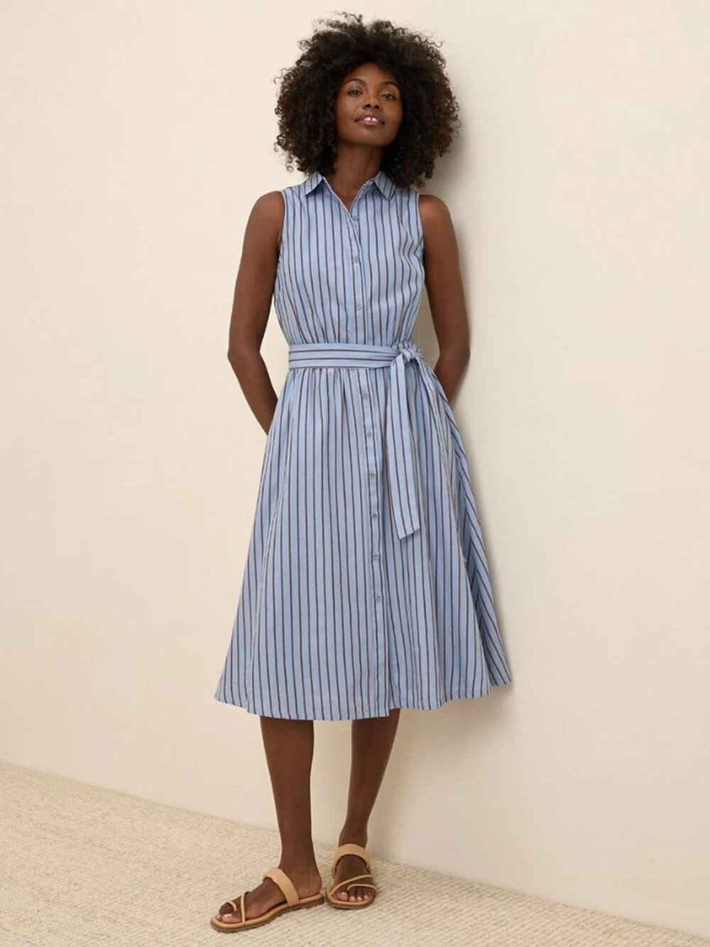 Pact Women S Sunset Shirt Dress Lightweight Cotton Sleeveless Blue Striped Tie - Picture 1 of 9